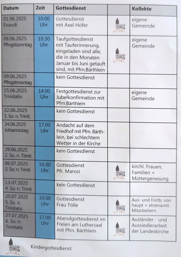 Gottesdienste Juni-Juli 25